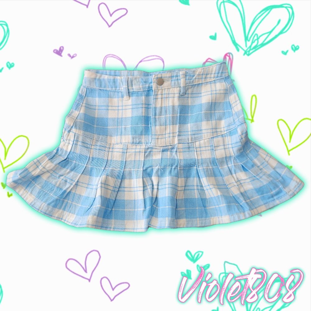 [M] Blue/White Pleated Denim/Jean Mini Skirt